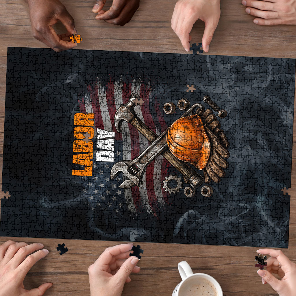Labor Day Puzzle Strong Hands Build Nations Patriotic Grunge Tools