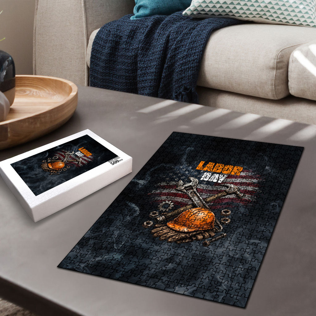 Labor Day Puzzle Strong Hands Build Nations Patriotic Grunge Tools