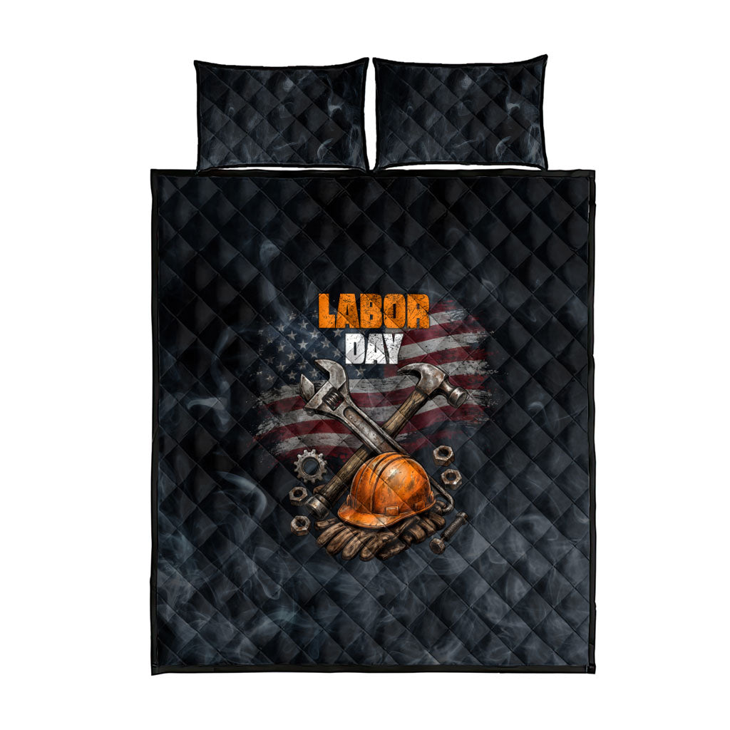 Labor Day Quilt Bed Set Strong Hands Build Nations Patriotic Grunge Tools