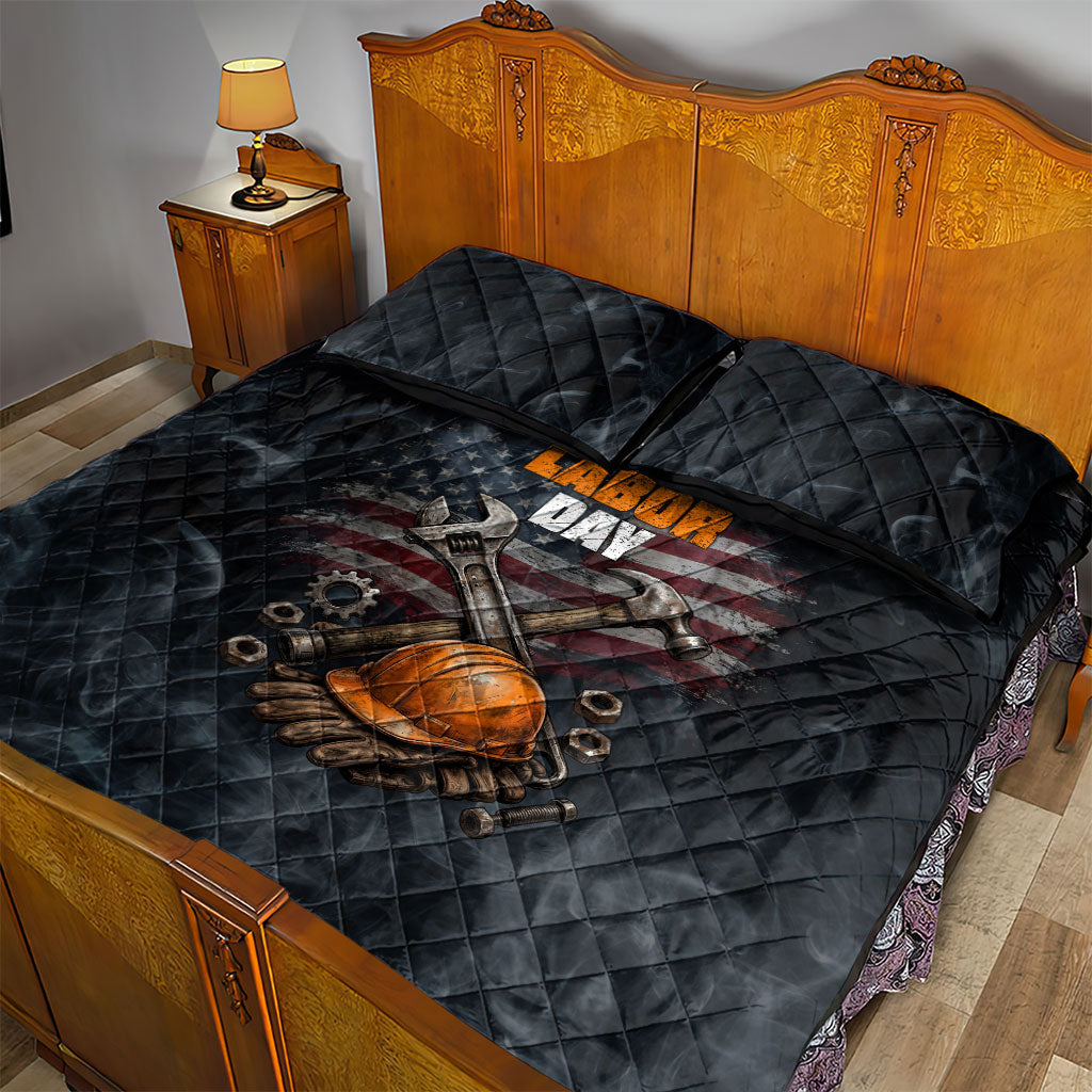 Labor Day Quilt Bed Set Strong Hands Build Nations Patriotic Grunge Tools