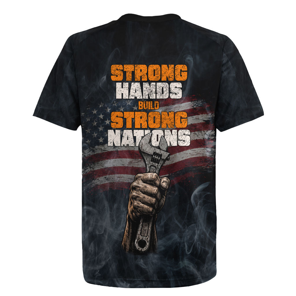 Labor Day Rugby Jersey Strong Hands Build Nations Patriotic Grunge Tools