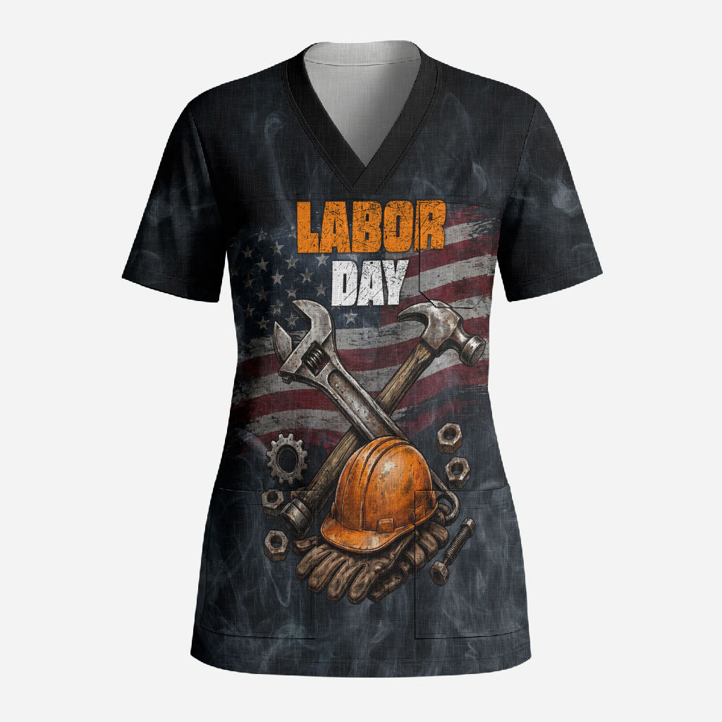 Labor Day Scrub Top Strong Hands Build Nations Patriotic Grunge Tools