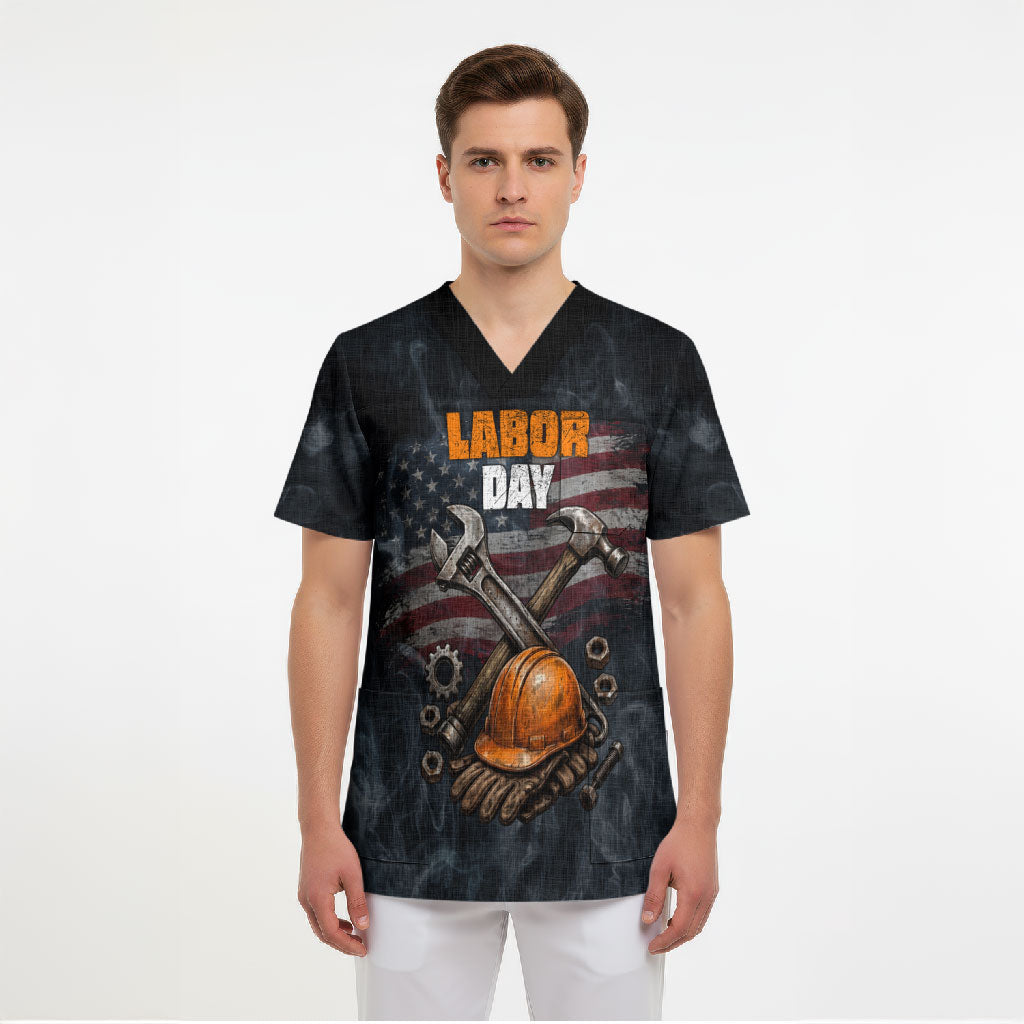 Labor Day Scrub Top Strong Hands Build Nations Patriotic Grunge Tools