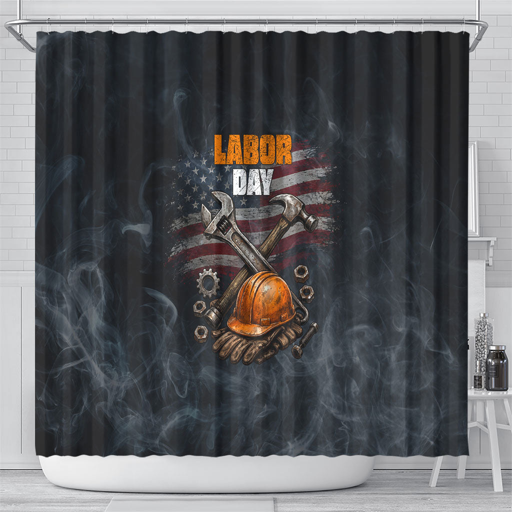 Labor Day Shower Curtain Strong Hands Build Nations Patriotic Grunge Tools