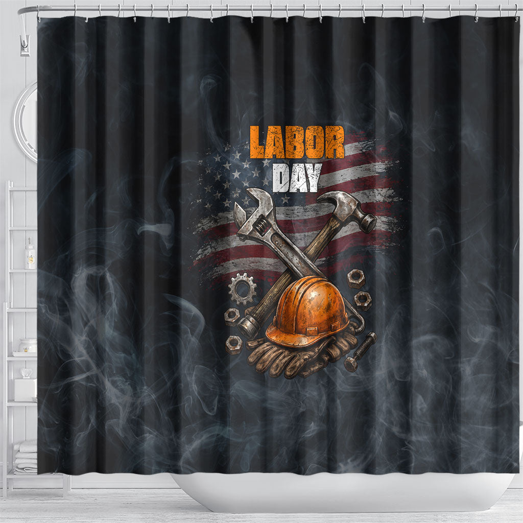 Labor Day Shower Curtain Strong Hands Build Nations Patriotic Grunge Tools