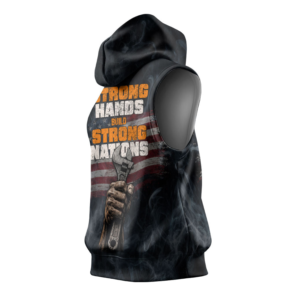 Labor Day Sleeveless Hoodie Strong Hands Build Nations Patriotic Grunge Tools