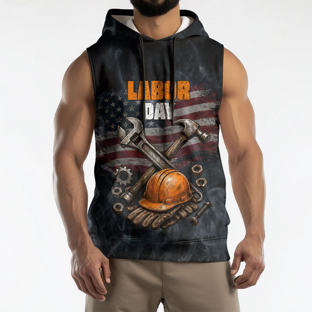 Labor Day Sleeveless Hoodie Strong Hands Build Nations Patriotic Grunge Tools
