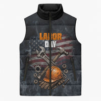 Labor Day Sleeveless Puffer Jacket Strong Hands Build Nations Patriotic Grunge Tools