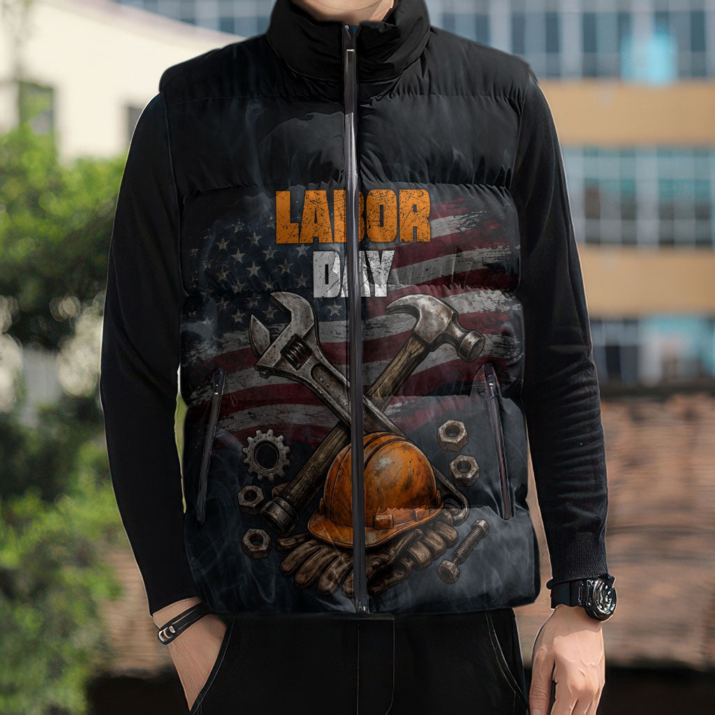 Labor Day Sleeveless Puffer Jacket Strong Hands Build Nations Patriotic Grunge Tools