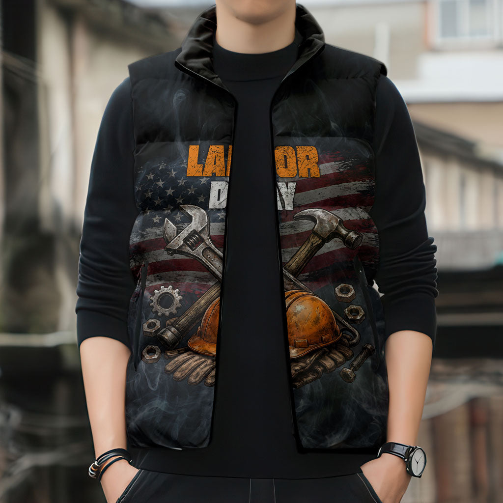 Labor Day Sleeveless Puffer Jacket Strong Hands Build Nations Patriotic Grunge Tools