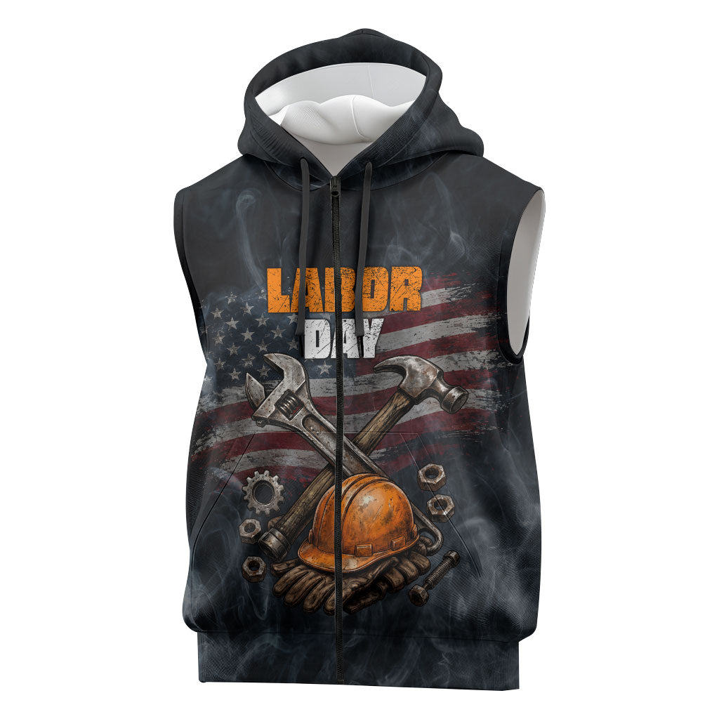 Labor Day Sleeveless Zip Hoodie Strong Hands Build Nations Patriotic Grunge Tools