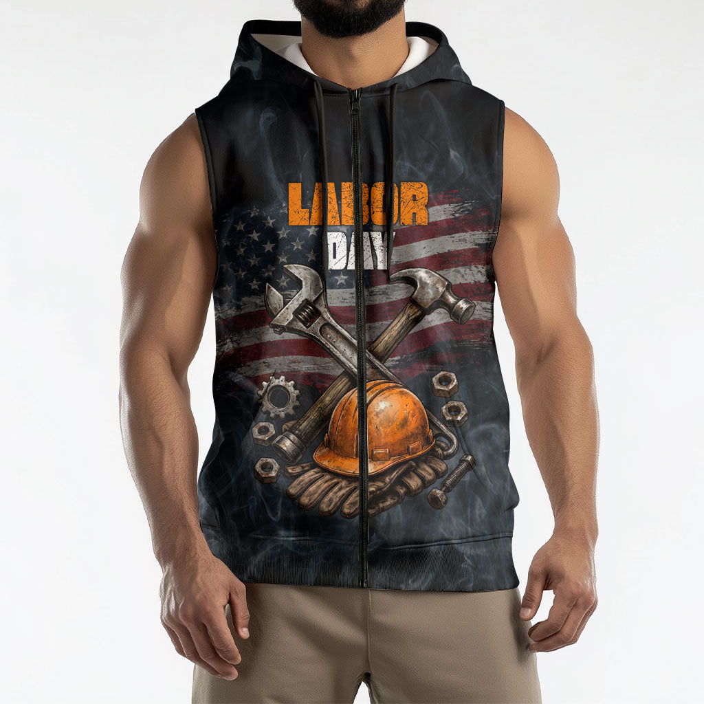 Labor Day Sleeveless Zip Hoodie Strong Hands Build Nations Patriotic Grunge Tools