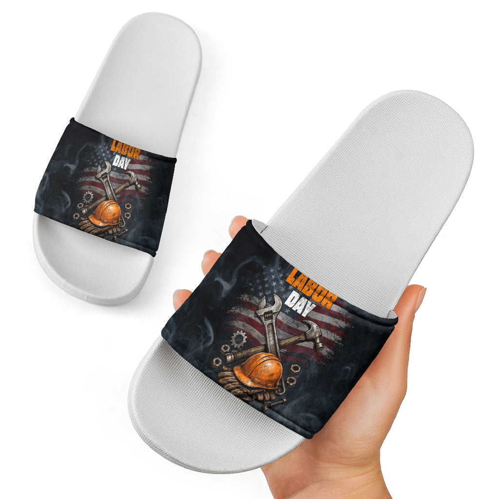 Labor Day Slide Sandals Strong Hands Build Nations Patriotic Grunge Tools