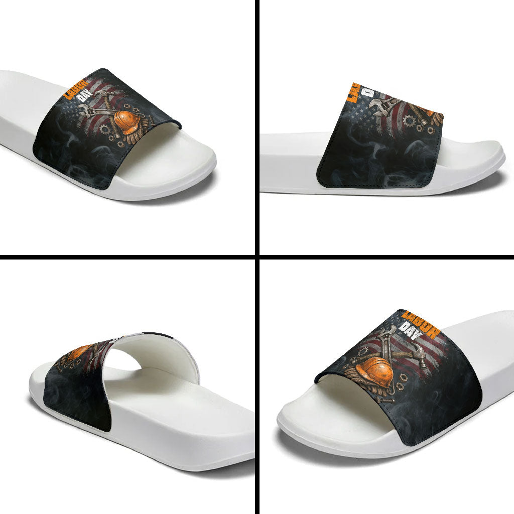 Labor Day Slide Sandals Strong Hands Build Nations Patriotic Grunge Tools