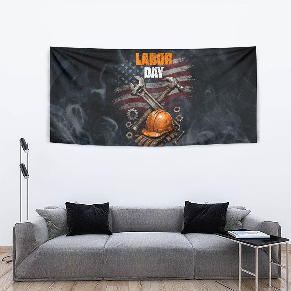 Labor Day Tapestry Strong Hands Build Nations Patriotic Grunge Tools