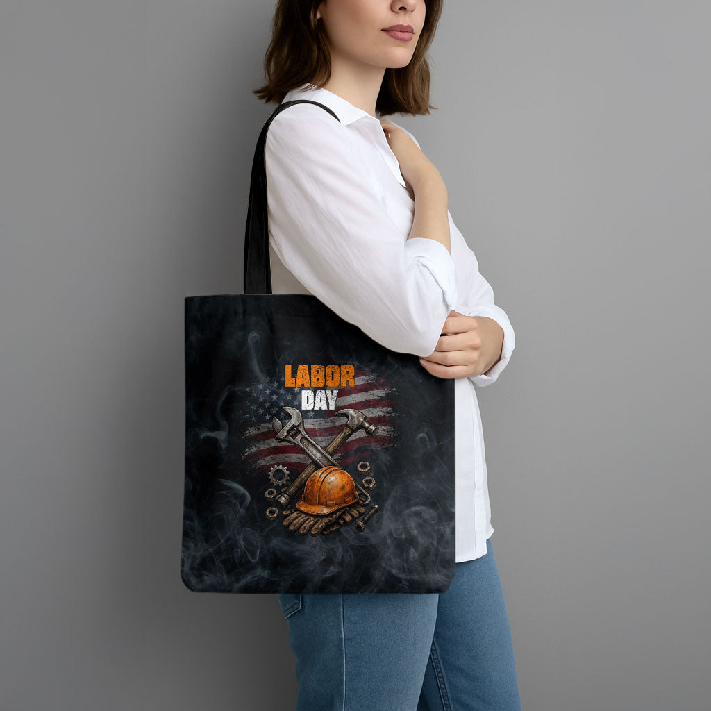 Labor Day Tote Bag Strong Hands Build Nations Patriotic Grunge Tools