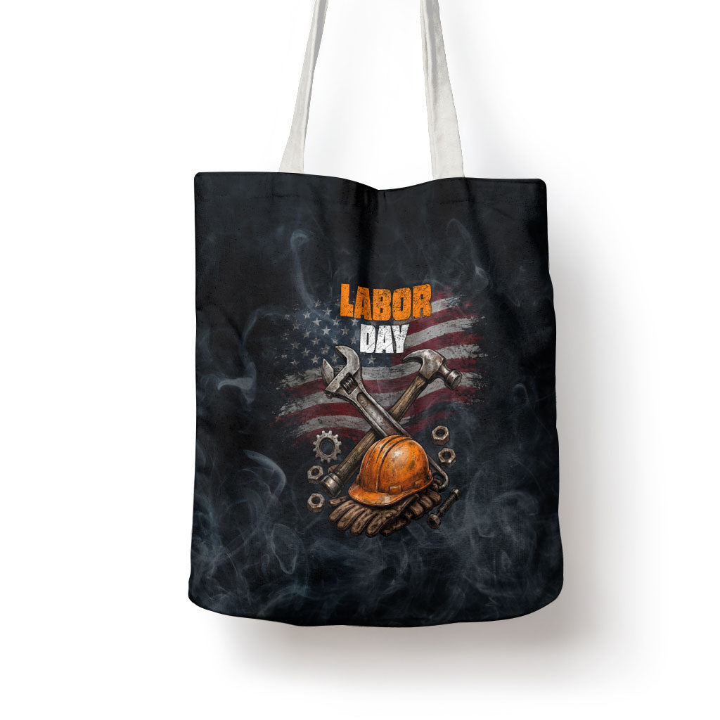 Labor Day Tote Bag Strong Hands Build Nations Patriotic Grunge Tools
