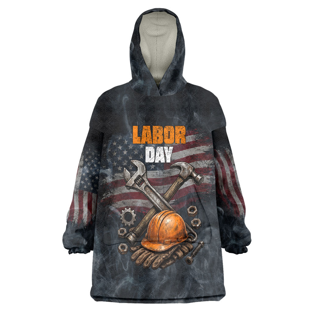 Labor Day Wearable Blanket Hoodie Strong Hands Build Nations Patriotic Grunge Tools