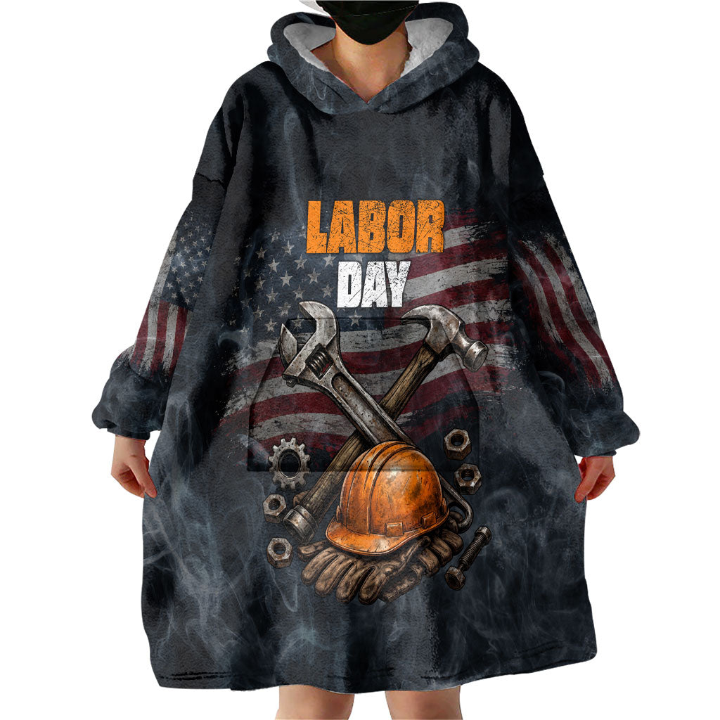 Labor Day Wearable Blanket Hoodie Strong Hands Build Nations Patriotic Grunge Tools