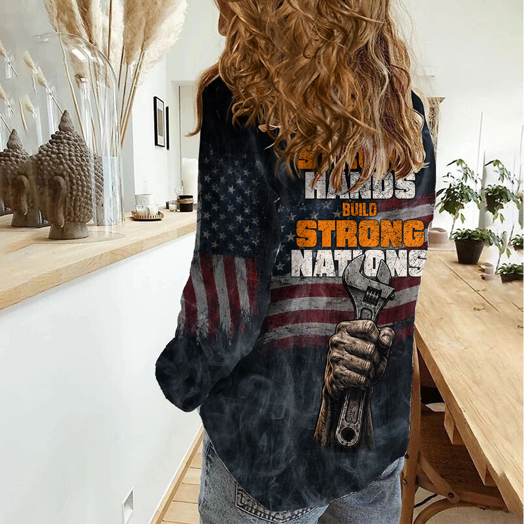 Labor Day Women Casual Shirt Strong Hands Build Nations Patriotic Grunge Tools