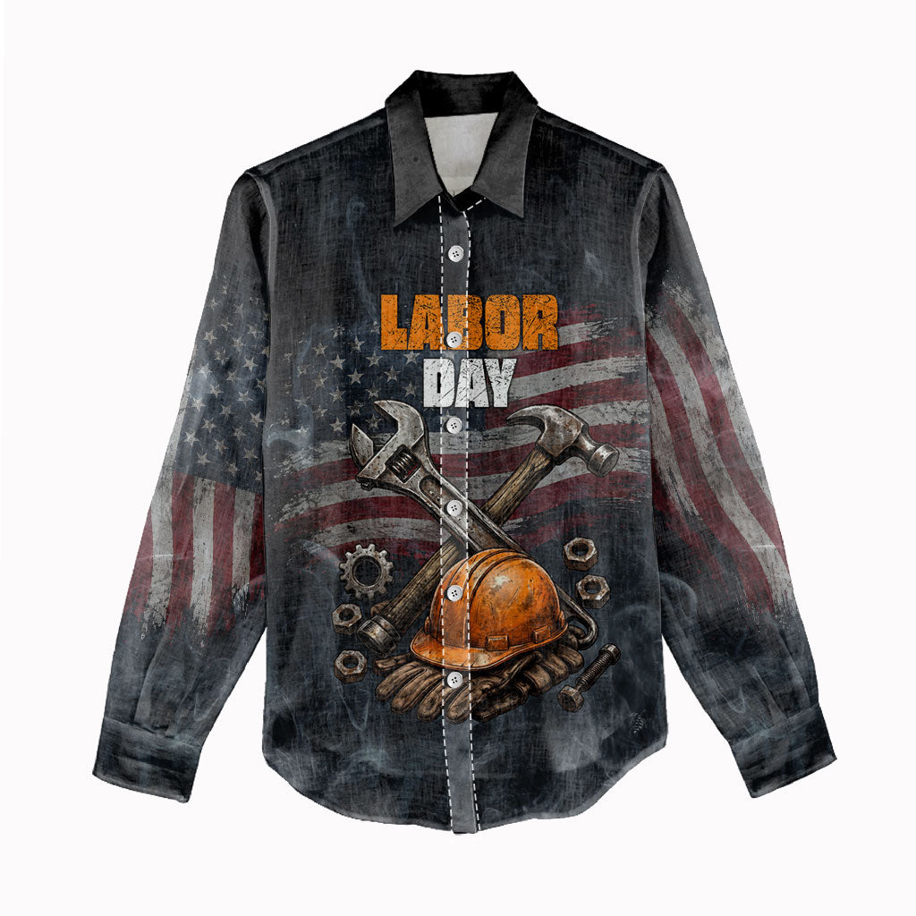 Labor Day Women Casual Shirt Strong Hands Build Nations Patriotic Grunge Tools