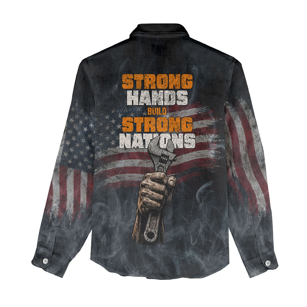 Labor Day Women Casual Shirt Strong Hands Build Nations Patriotic Grunge Tools