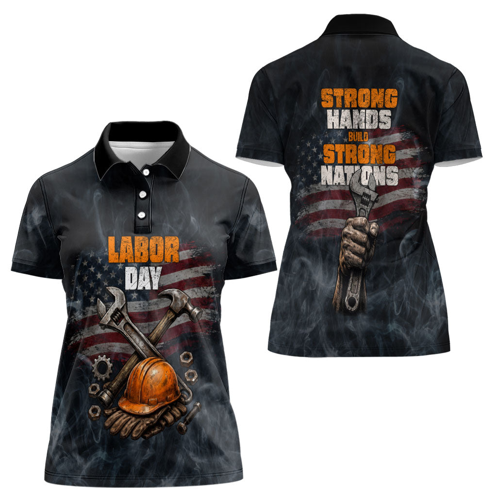 Labor Day Women Polo Shirt Strong Hands Build Nations Patriotic Grunge Tools