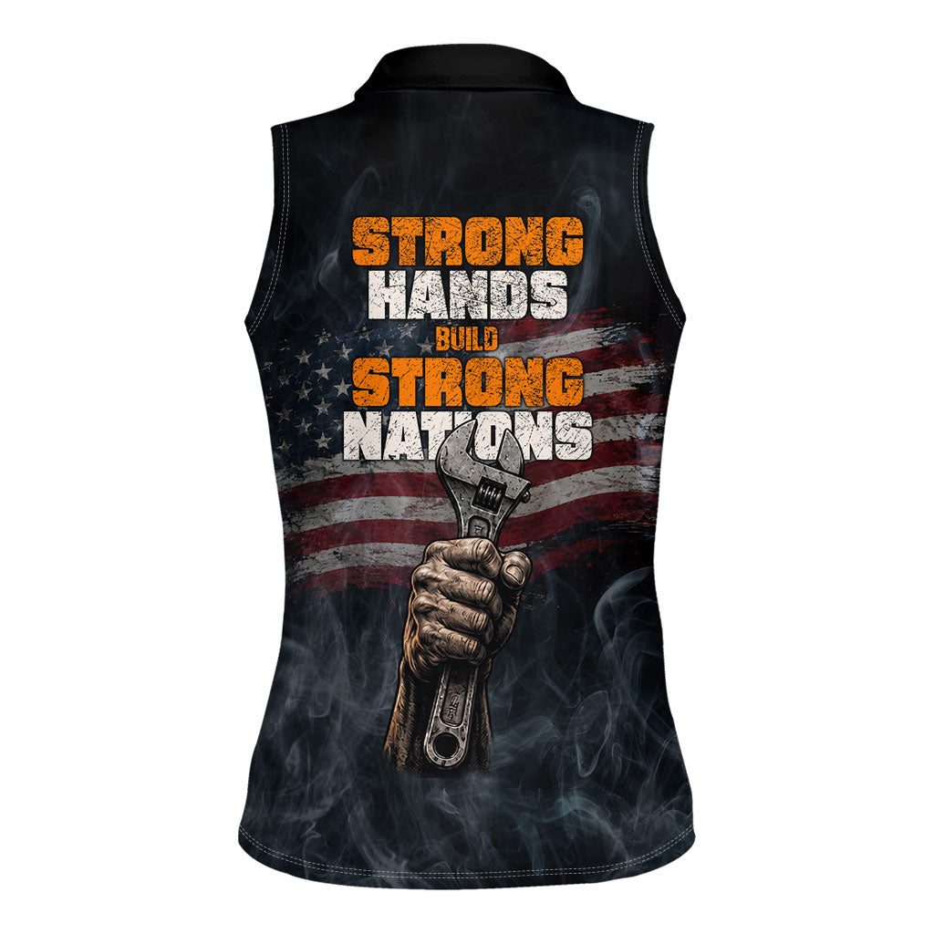 Labor Day Women Sleeveless Polo Shirt Strong Hands Build Nations Patriotic Grunge Tools