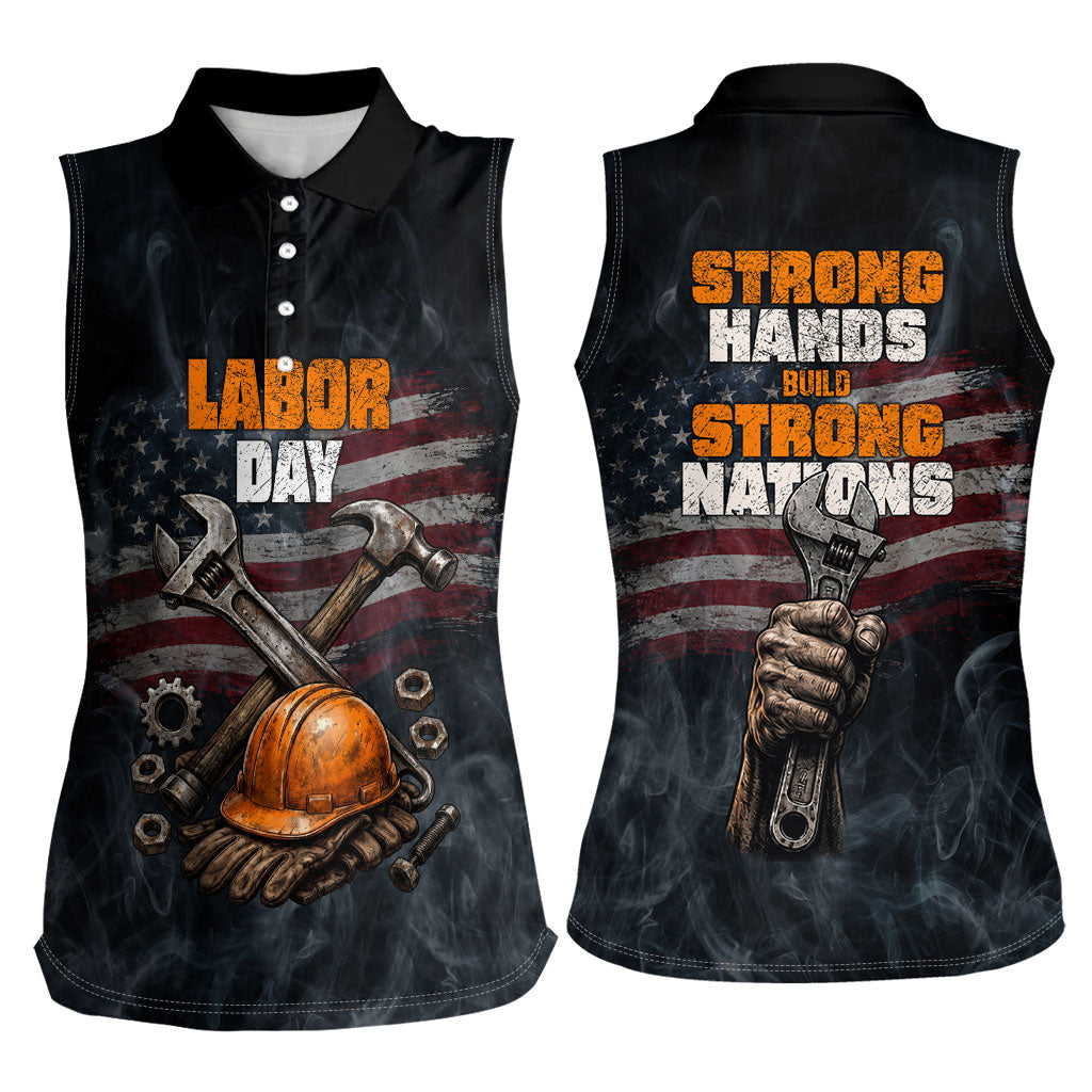 Labor Day Women Sleeveless Polo Shirt Strong Hands Build Nations Patriotic Grunge Tools
