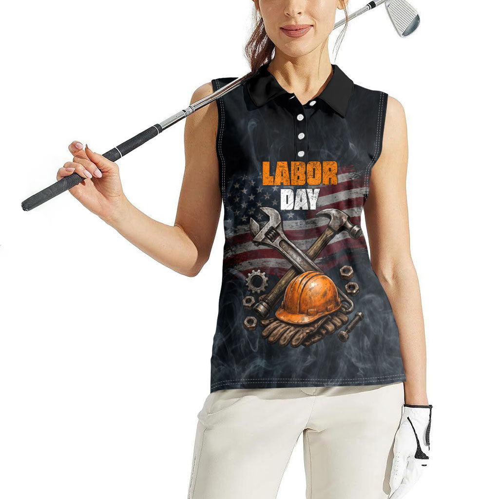 Labor Day Women Sleeveless Polo Shirt Strong Hands Build Nations Patriotic Grunge Tools