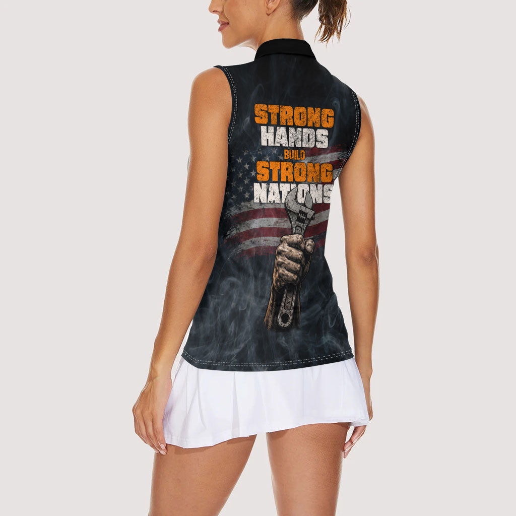 Labor Day Women Sleeveless Polo Shirt Strong Hands Build Nations Patriotic Grunge Tools