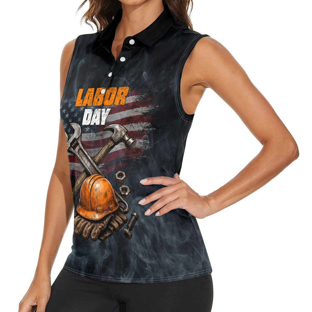 Labor Day Women Sleeveless Polo Shirt Strong Hands Build Nations Patriotic Grunge Tools