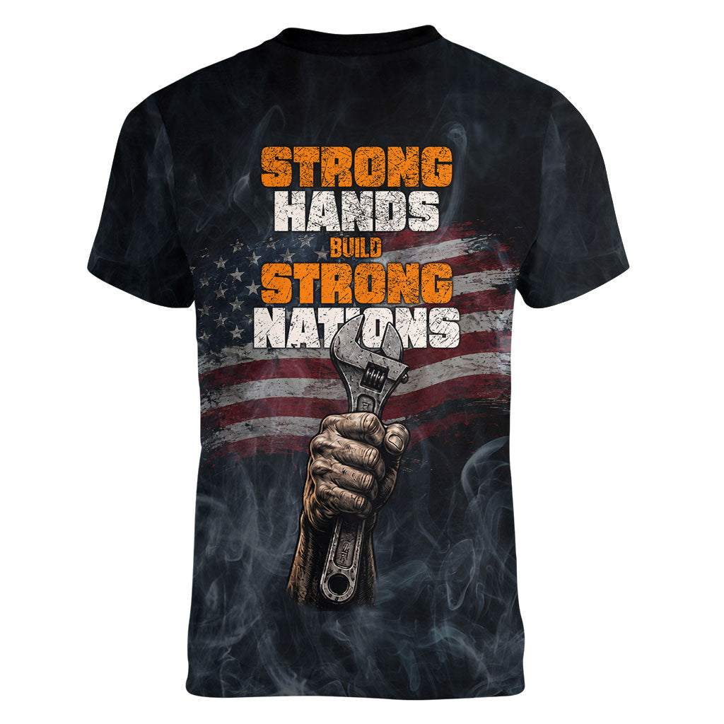 Labor Day Women V-Neck T-Shirt Strong Hands Build Nations Patriotic Grunge Tools