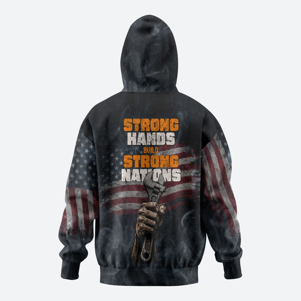 Labor Day Zip Hoodie Strong Hands Build Nations Patriotic Grunge Tools
