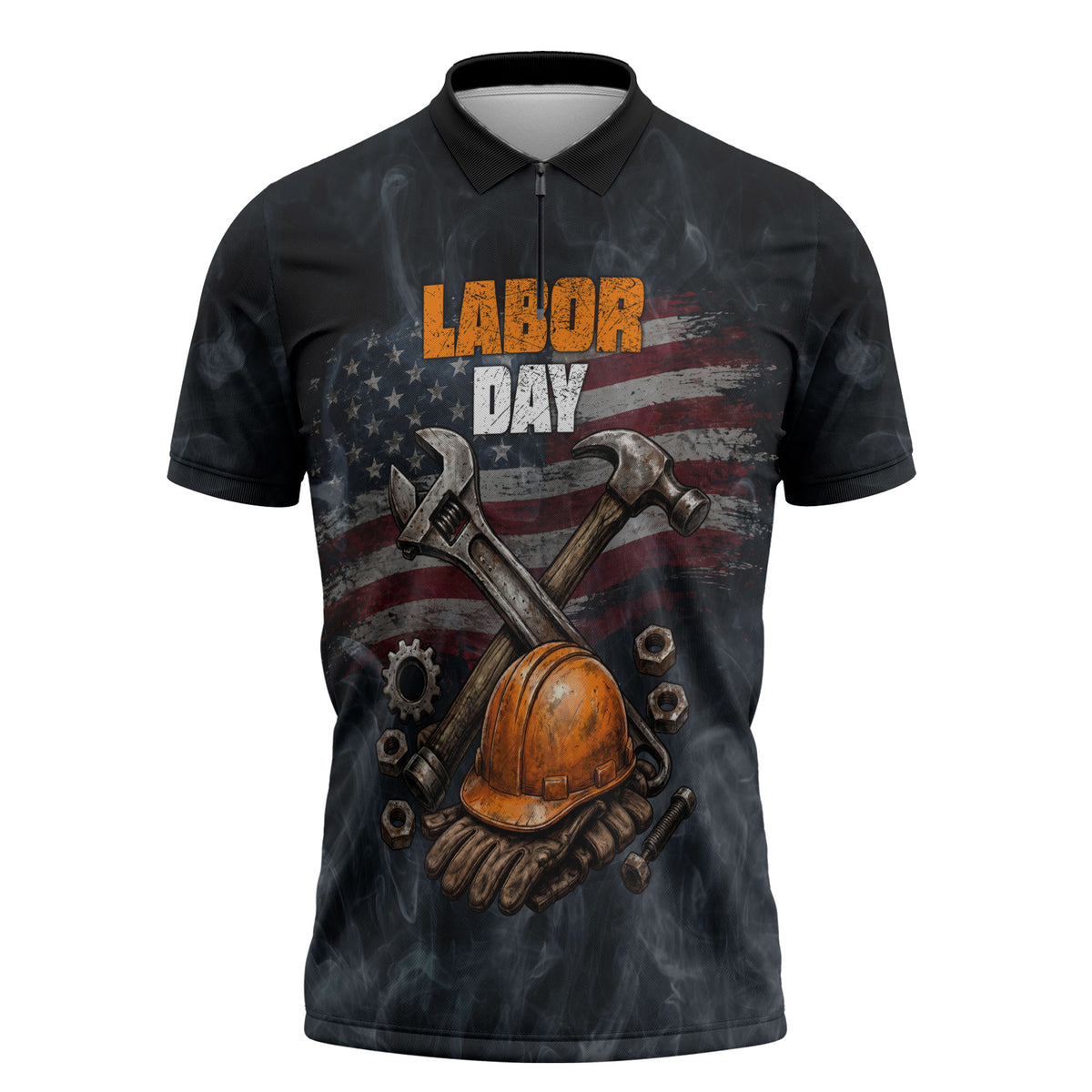 Labor Day Zipper Polo Shirt Strong Hands Build Nations Patriotic Grunge Tools