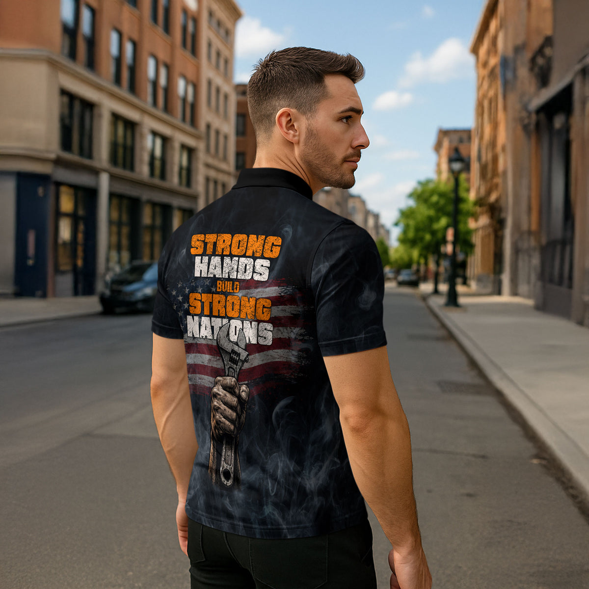 Labor Day Zipper Polo Shirt Strong Hands Build Nations Patriotic Grunge Tools