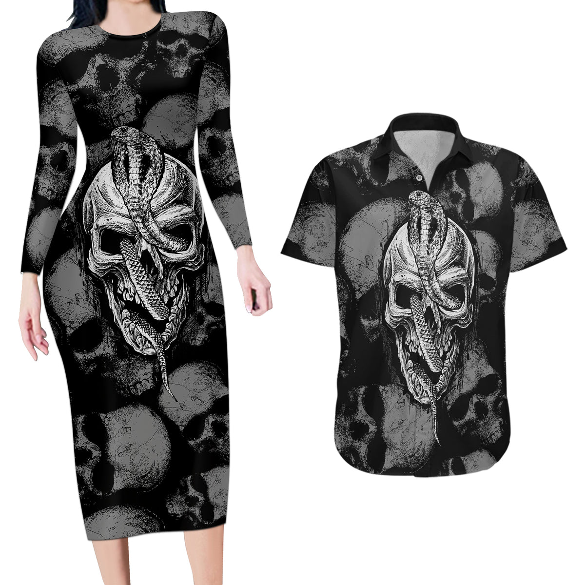 Skull Pattern Couples Matching Long Sleeve Bodycon Dress and Hawaiian Shirt I'm Never Alone - My Demon Are With Me 24/7 - Wonder Print Shop