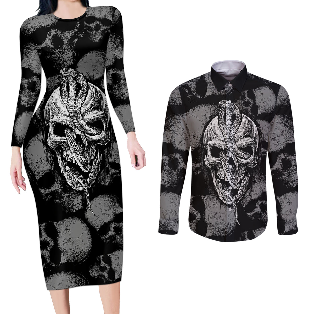 Skull Pattern Couples Matching Long Sleeve Bodycon Dress and Long Sleeve Button Shirts I'm Never Alone - My Demon Are With Me 24/7 - Wonder Print Shop