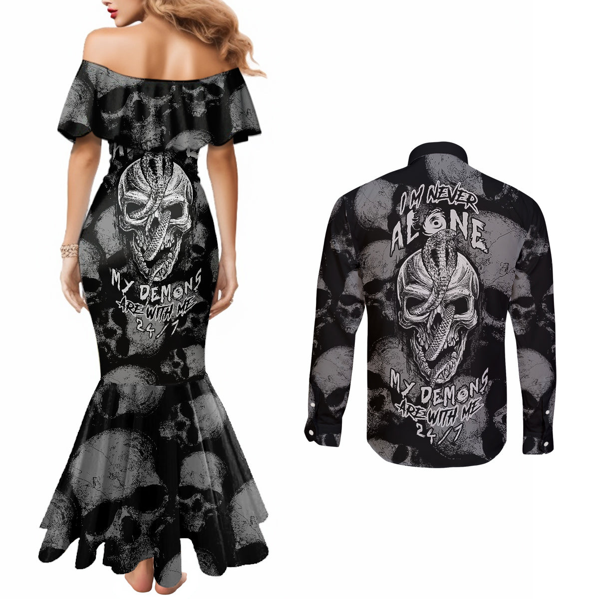 skull-pattern-couples-matching-mermaid-dress-and-long-sleeve-button-shirts-im-never-alone-my-demon-are-with-me-247
