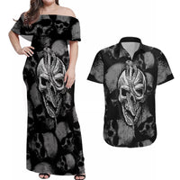Skull Pattern Couples Matching Off Shoulder Maxi Dress and Hawaiian Shirt I'm Never Alone - My Demon Are With Me 24/7 - Wonder Print Shop