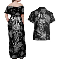 Skull Pattern Couples Matching Off Shoulder Maxi Dress and Hawaiian Shirt I'm Never Alone - My Demon Are With Me 24/7 - Wonder Print Shop