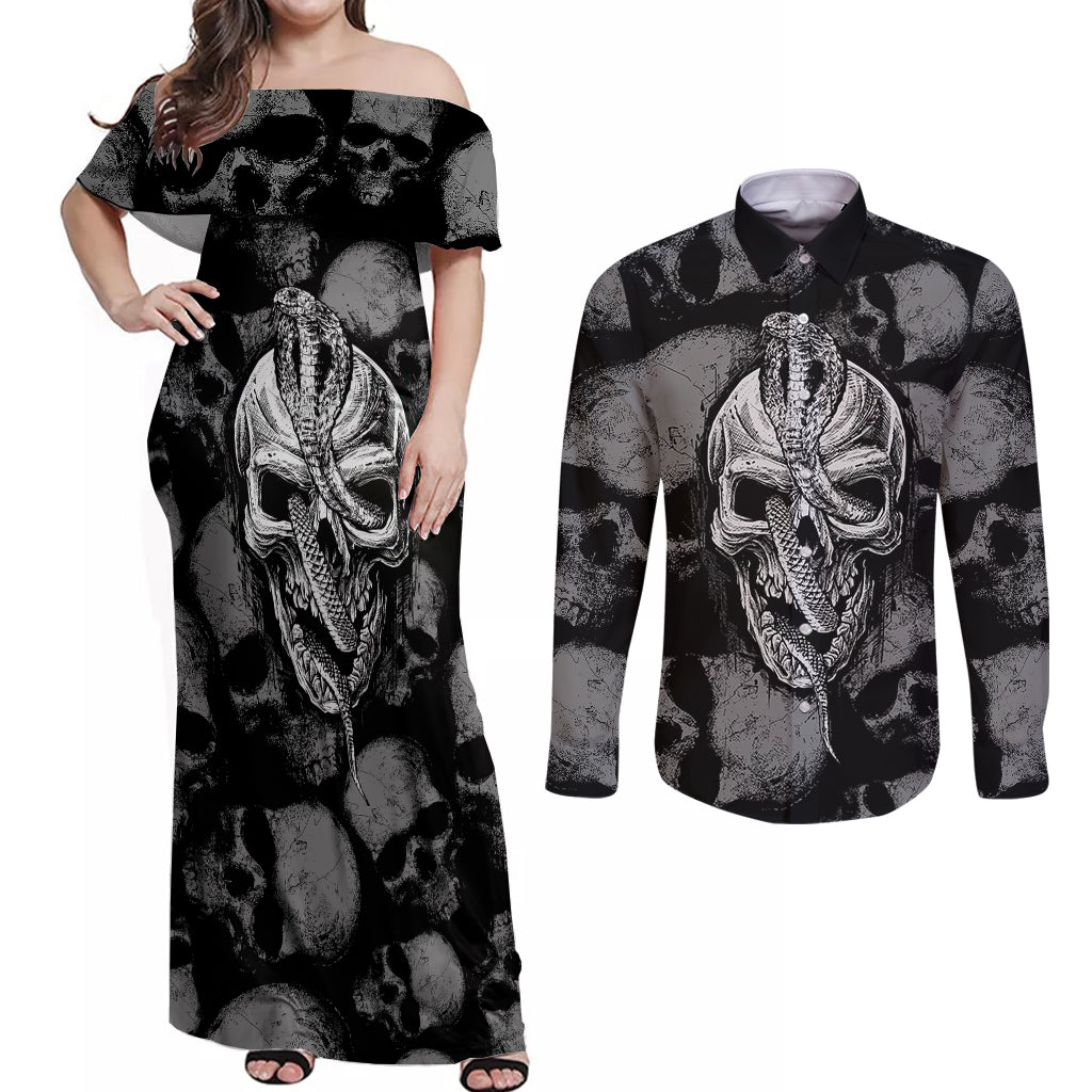 Skull Pattern Couples Matching Off Shoulder Maxi Dress and Long Sleeve Button Shirts I'm Never Alone - My Demon Are With Me 24/7 - Wonder Print Shop