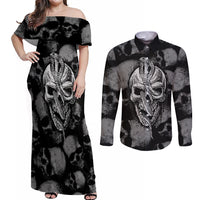 Skull Pattern Couples Matching Off Shoulder Maxi Dress and Long Sleeve Button Shirts I'm Never Alone - My Demon Are With Me 24/7 - Wonder Print Shop