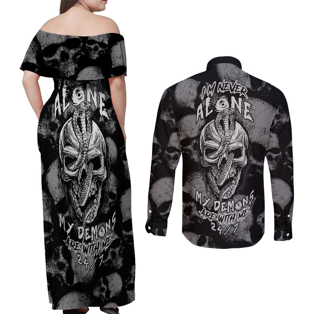Skull Pattern Couples Matching Off Shoulder Maxi Dress and Long Sleeve Button Shirts I'm Never Alone - My Demon Are With Me 24/7 - Wonder Print Shop