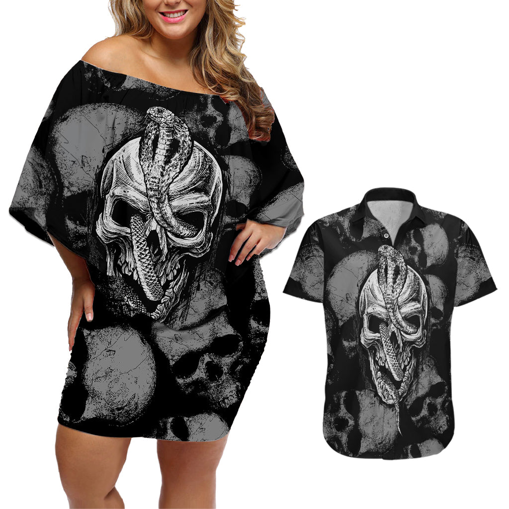 Skull Pattern Couples Matching Off Shoulder Short Dress and Hawaiian Shirt I'm Never Alone - My Demon Are With Me 24/7 - Wonder Print Shop
