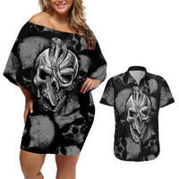 Skull Pattern Couples Matching Off Shoulder Short Dress and Hawaiian Shirt I'm Never Alone - My Demon Are With Me 24/7 - Wonder Print Shop