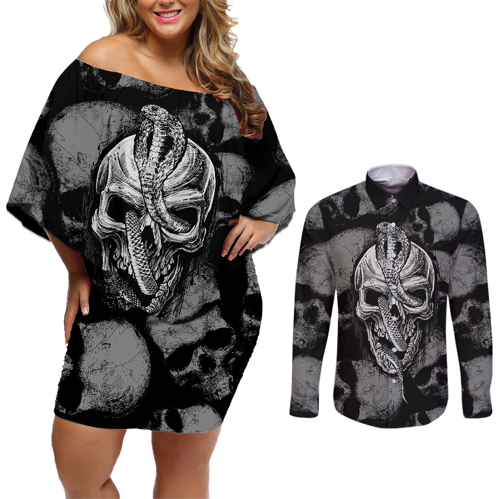 Skull Pattern Couples Matching Off Shoulder Short Dress and Long Sleeve Button Shirts I'm Never Alone - My Demon Are With Me 24/7 - Wonder Print Shop