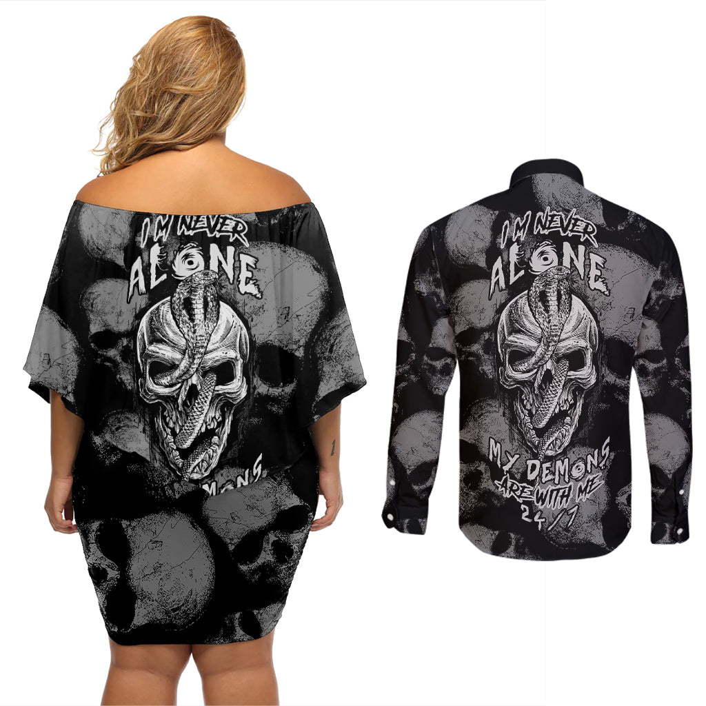 Skull Pattern Couples Matching Off Shoulder Short Dress and Long Sleeve Button Shirts I'm Never Alone - My Demon Are With Me 24/7 - Wonder Print Shop