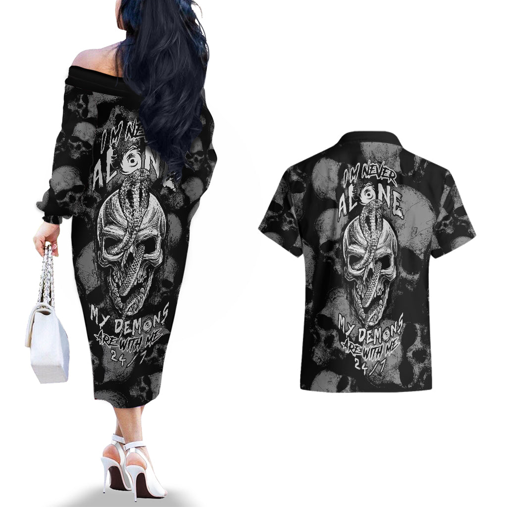 Skull Pattern Couples Matching Off The Shoulder Long Sleeve Dress and Hawaiian Shirt I'm Never Alone - My Demon Are With Me 24/7 - Wonder Print Shop