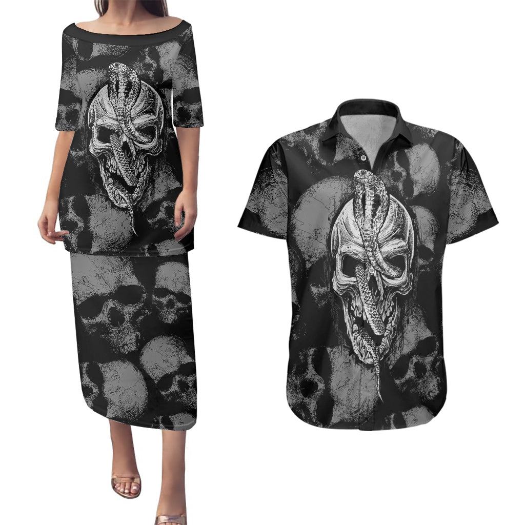 Skull Pattern Couples Matching Puletasi Dress and Hawaiian Shirt I'm Never Alone - My Demon Are With Me 24/7 - Wonder Print Shop